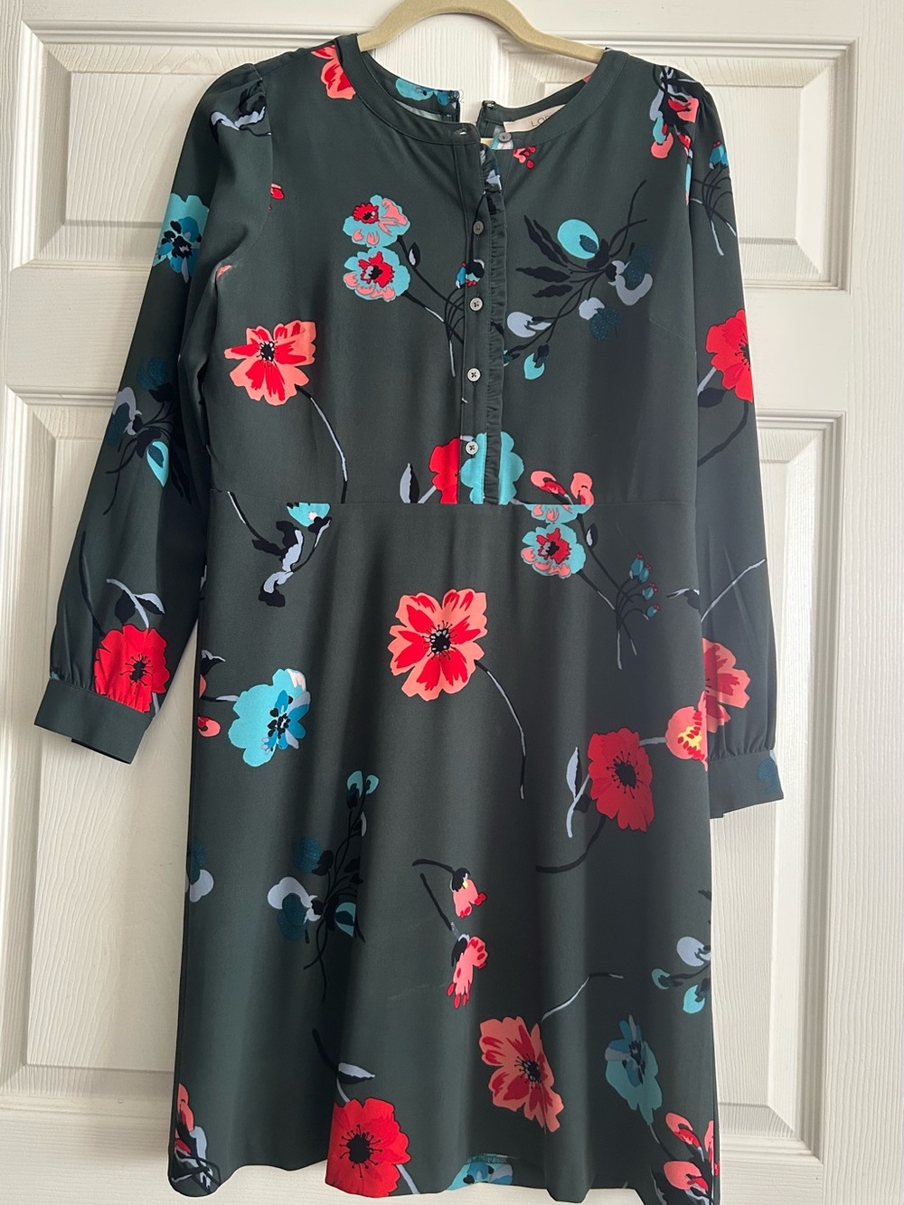LOFT Dark Green Floral-Trim Blouse